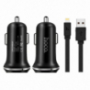 HOCO nabíječka do auta se dvěma USB porty + lightning konektor pro Apple iPhone / iPad / iPod - černá