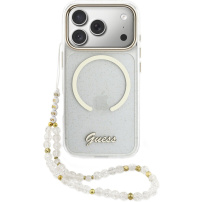 Guess IML Glitter Script Strap kryt s MagSafe a poutkem pro iPhone 17 Pro - čirý