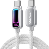 ESSAGER opletený nabíjecí a datový kabel s podsvícením - USB-C na USB-C - 1 m - světle šedý