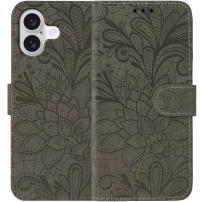 Flipové pouzdro se vzorem krajky pro iPhone 16 - hnědé