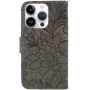 Flipové pouzdro se vzorem krajky pro iPhone 14 Pro Max - hnědé