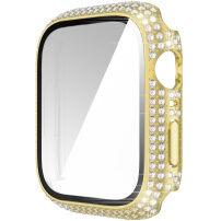 Pouzdro posázené kamínky s tvrzeným sklem pro Apple Watch 45mm - zlaté