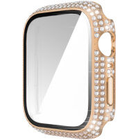 Pouzdro posázené kamínky s tvrzeným sklem pro Apple Watch 45mm - růžovozlaté