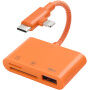 3v1 redukce se čtečkou karet - slot na SD / TF kartu / USB-A na USB-C / Lightning - oranžová