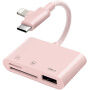3v1 redukce se čtečkou karet - slot na SD / TF kartu / USB-A na USB-C / Lightning - růžová