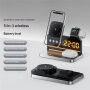 HT-568 3v1 skládací magnetický bezdrátový stojánek s hodinami, budíkem a podsvícením pro iPhone / Apple Watch / AirPods - 15W - šedý