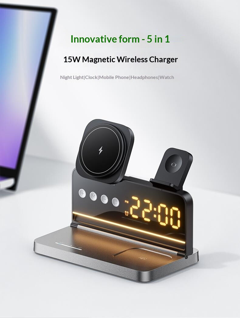 HT-568 3v1 skládací magnetický bezdrátový stojánek s hodinami, budíkem a podsvícením pro iPhone / Apple Watch / AirPods - 15W - šedý HT-568 3v1 skládací magnetický bezdrátový stojánek s hodinami, budíkem a podsvícením pro iPhone / Apple Watch / AirPods - 15W - šedý
