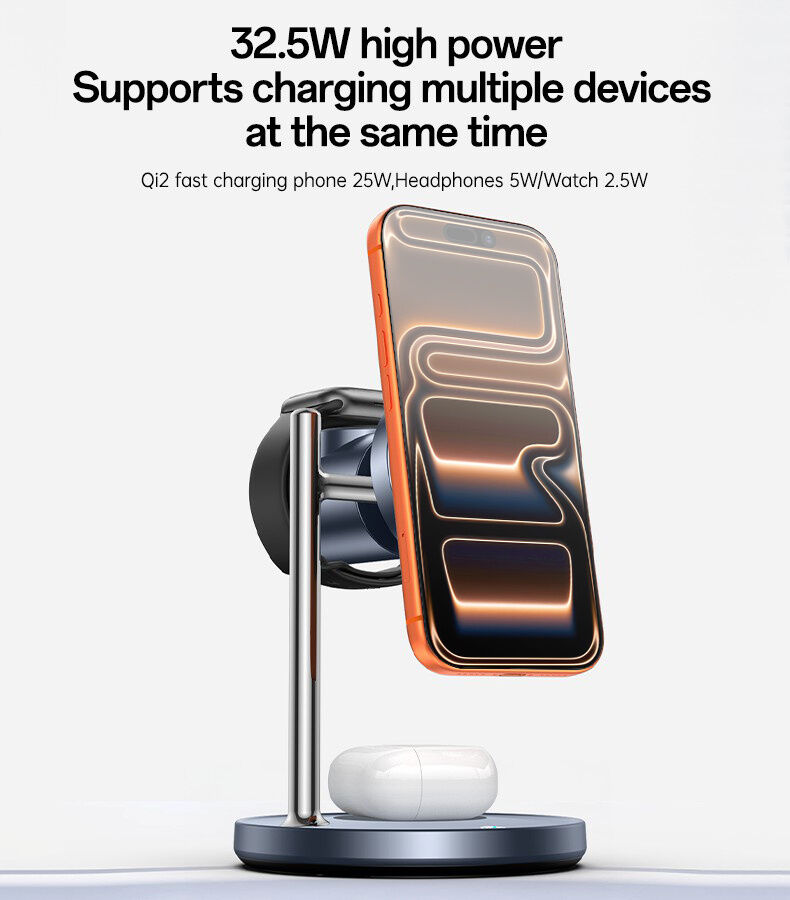 Yesido DS40 Qi2 3v1 magnetický bezdrátový stojánek pro iPhone / Apple Watch / AirPods - 25W - šedý