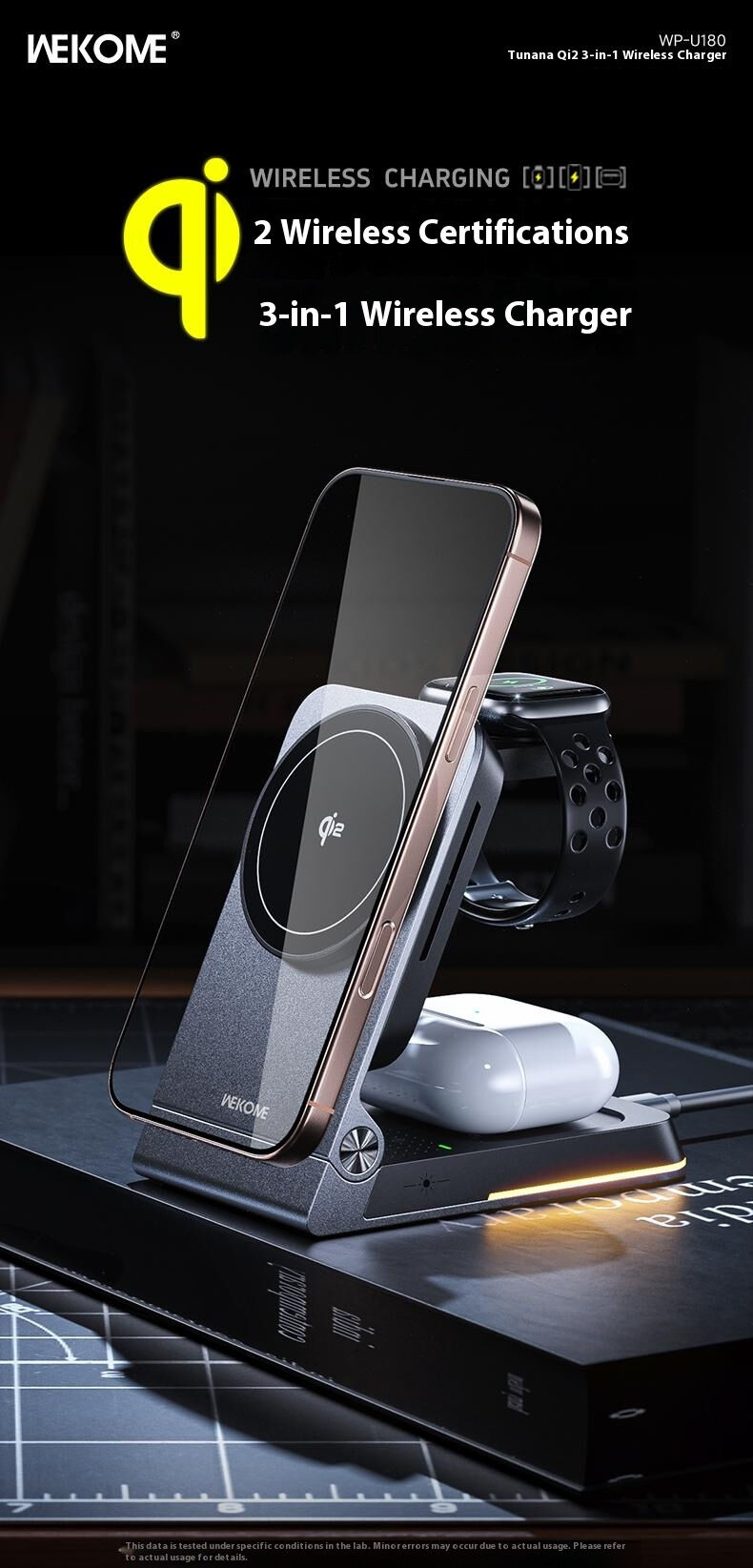 WEKOME WP-U180 Qi2 3v1 skládací magnetický bezdrátový stojánek pro iPhone / Apple Watch / AirPods - 15W - šedý