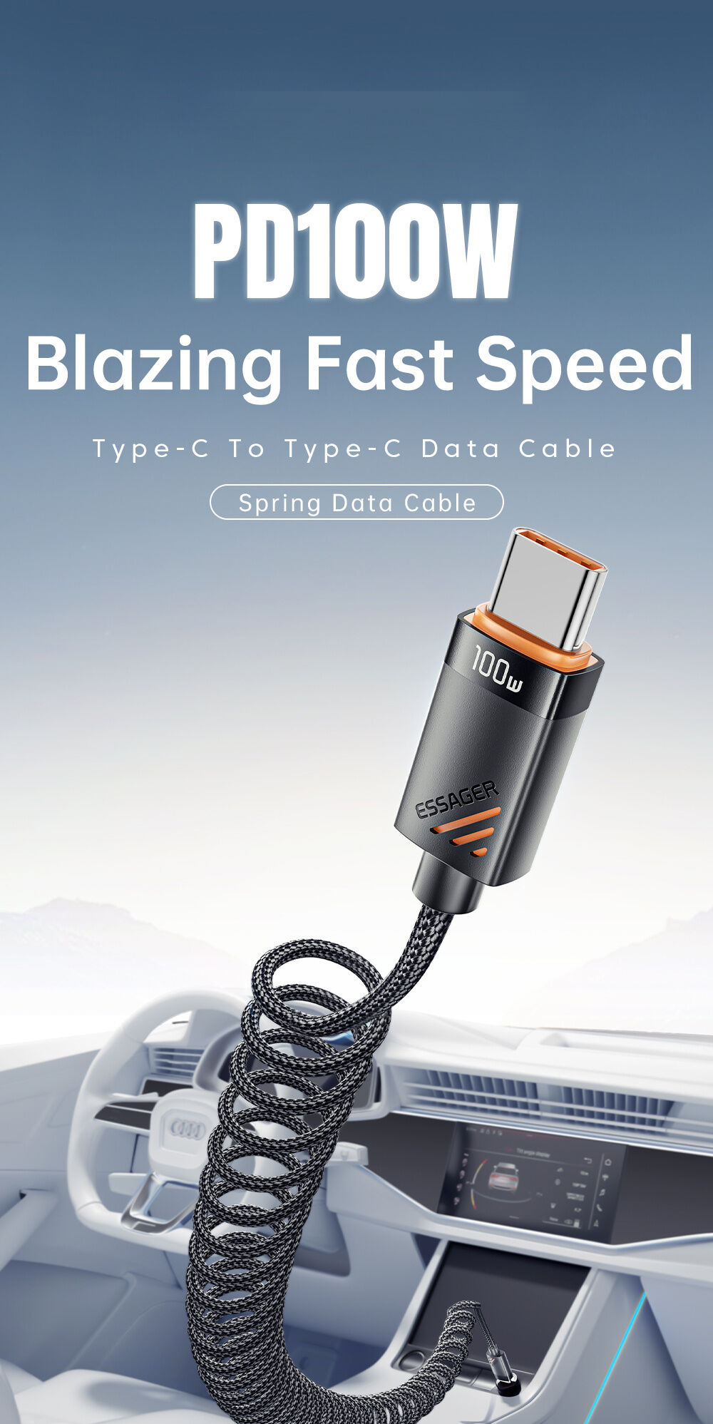 ESSAGER spirálový opletený nabíjecí a datový kabel - USB-C na USB-C - 1,8 m - černý ESSAGER spirálový opletený nabíjecí a datový kabel - USB-C na USB-C - 1,8 m - černý