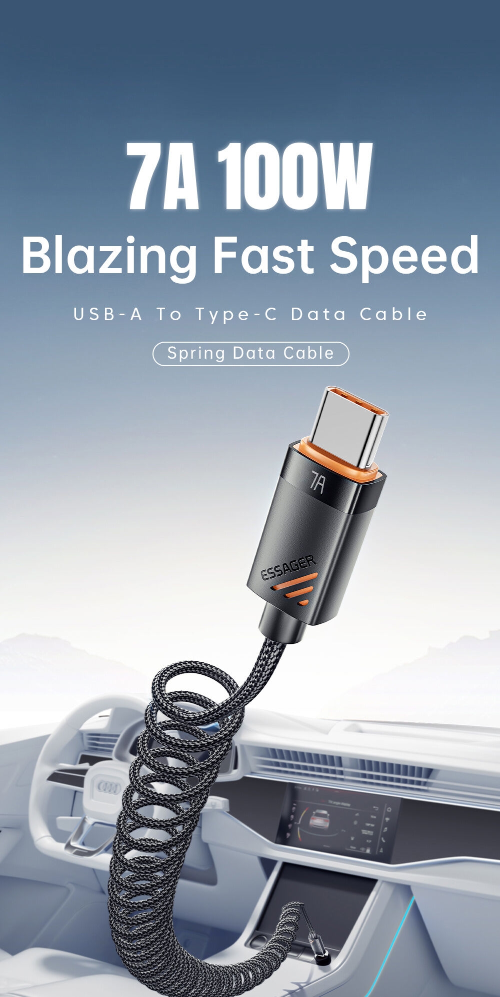 ESSAGER spirálový opletený nabíjecí a datový kabel - USB-A na USB-C - 1,8 m - černý ESSAGER spirálový opletený nabíjecí a datový kabel - USB-A na USB-C - 1,8 m - černý