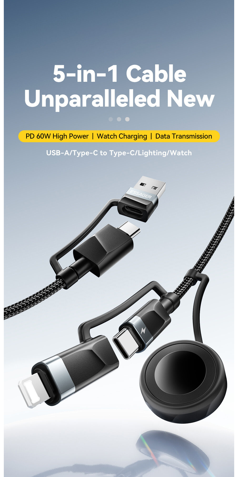 ESSAGER 3v1 univerzální opletený nabíjecí a datový kabel - USB-C / USB-A na magnetický puk / USB-C / Lightning - 2 m - černý