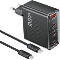 Toocki TCT140 GaN sada adaptéru s porty 3x USB-C / USB-A a kabelu USB-C na USB-C - 140W - 2 m - černá