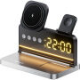 HT-568 3v1 skládací magnetický bezdrátový stojánek s hodinami, budíkem a podsvícením pro iPhone / Apple Watch / AirPods - 15W - šedý