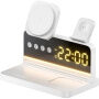 HT-568 3v1 skládací magnetický bezdrátový stojánek s hodinami, budíkem a podsvícením pro iPhone / Apple Watch / AirPods - 15W - bílý