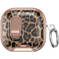 Obal s leopardím vzorem, zapínáním a karabinou pro AirPods 4 / 5 - hnědý