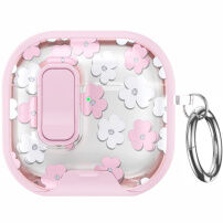 Obal se vzorem květin, zapínáním a karabinou pro AirPods 4 / 5 - růžový