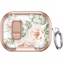 Obal se vzorem růží, zapínáním a karabinou pro AirPods Pro 2 - růžovozlatý