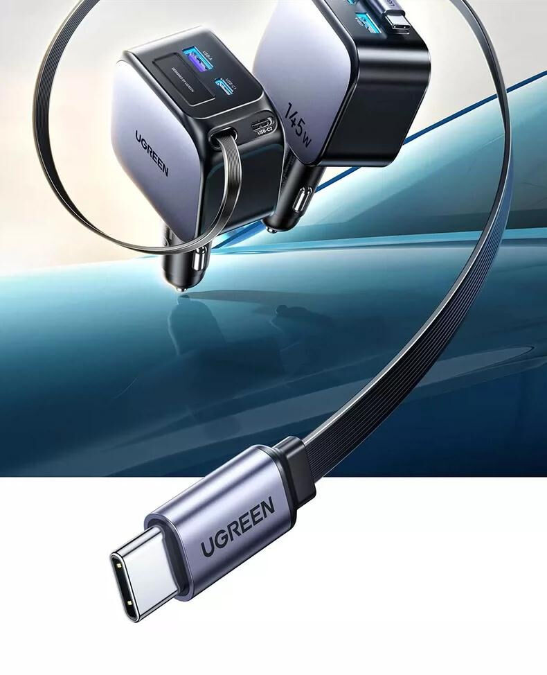 UGREEN EC604 sada autonabíječky s porty 2x USB-C / USB-A a výsuvného kabelu USB-C - 145W - 70 cm - šedá