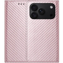 Flipové pouzdro se vzorem karbonových vláken pro iPhone 17 Pro / 18 Pro - růžové