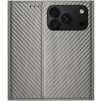 Flipové pouzdro se vzorem karbonových vláken pro iPhone 17 Pro Max / 18 Pro Max - šedé