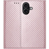 Flipové pouzdro se vzorem karbonových vláken pro iPhone 16 Plus - růžové