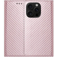 Flipové pouzdro se vzorem karbonových vláken pro iPhone 15 Pro Max - růžové