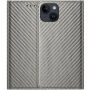 Flipové pouzdro se vzorem karbonových vláken pro iPhone 15 Plus - šedé