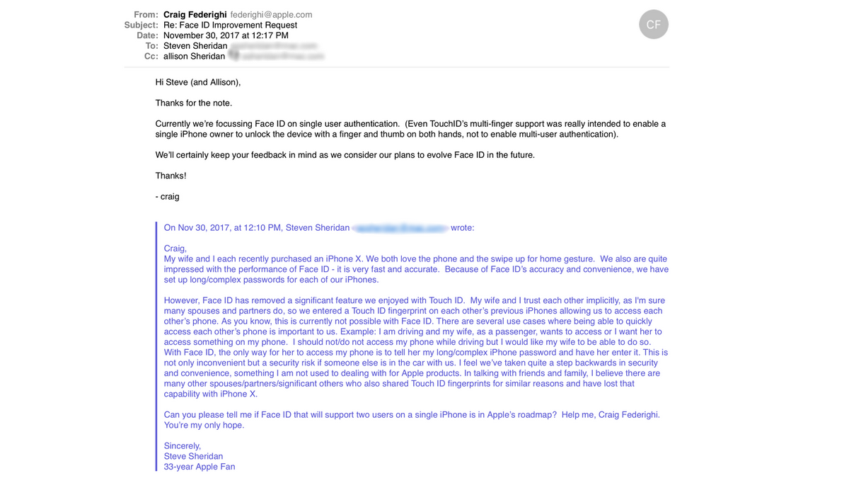 Face ID - e-mail from Craig Federighi