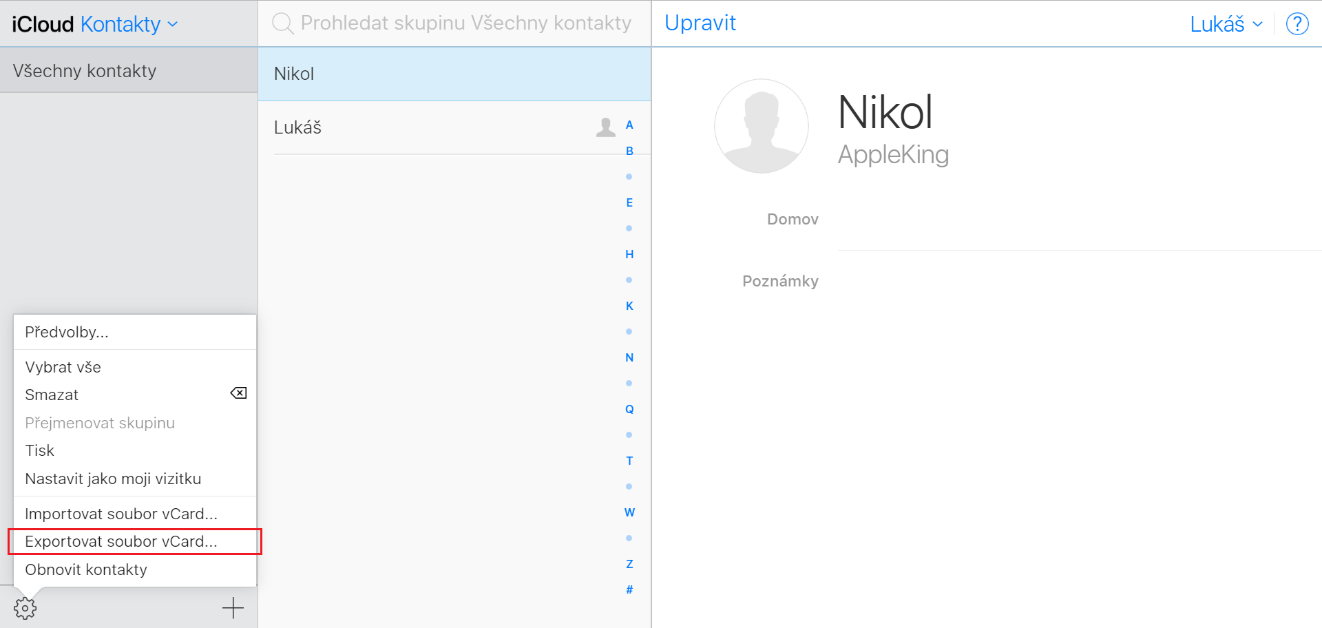 iCloud - kopírování kontaktů přes vCard